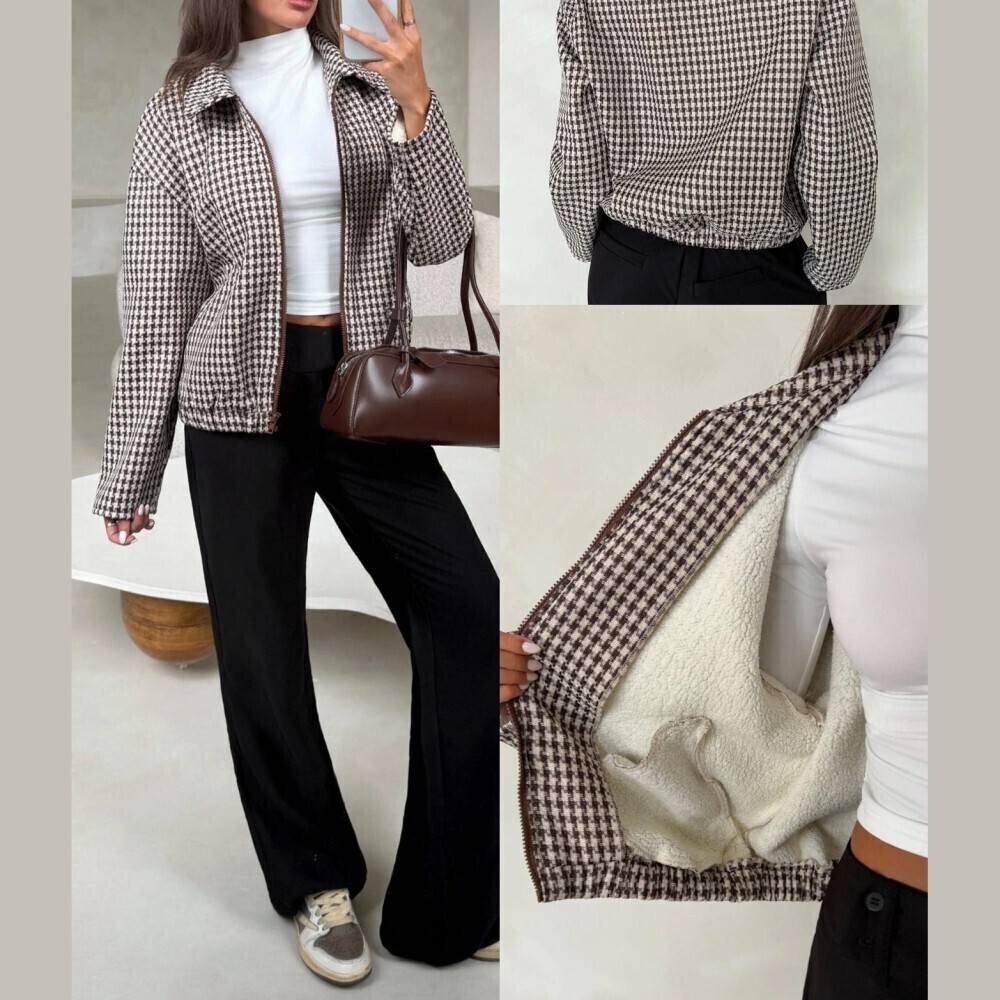 Brown White Houndstooth Zip Front Collared Cropped Lightweight Blouson Jacket